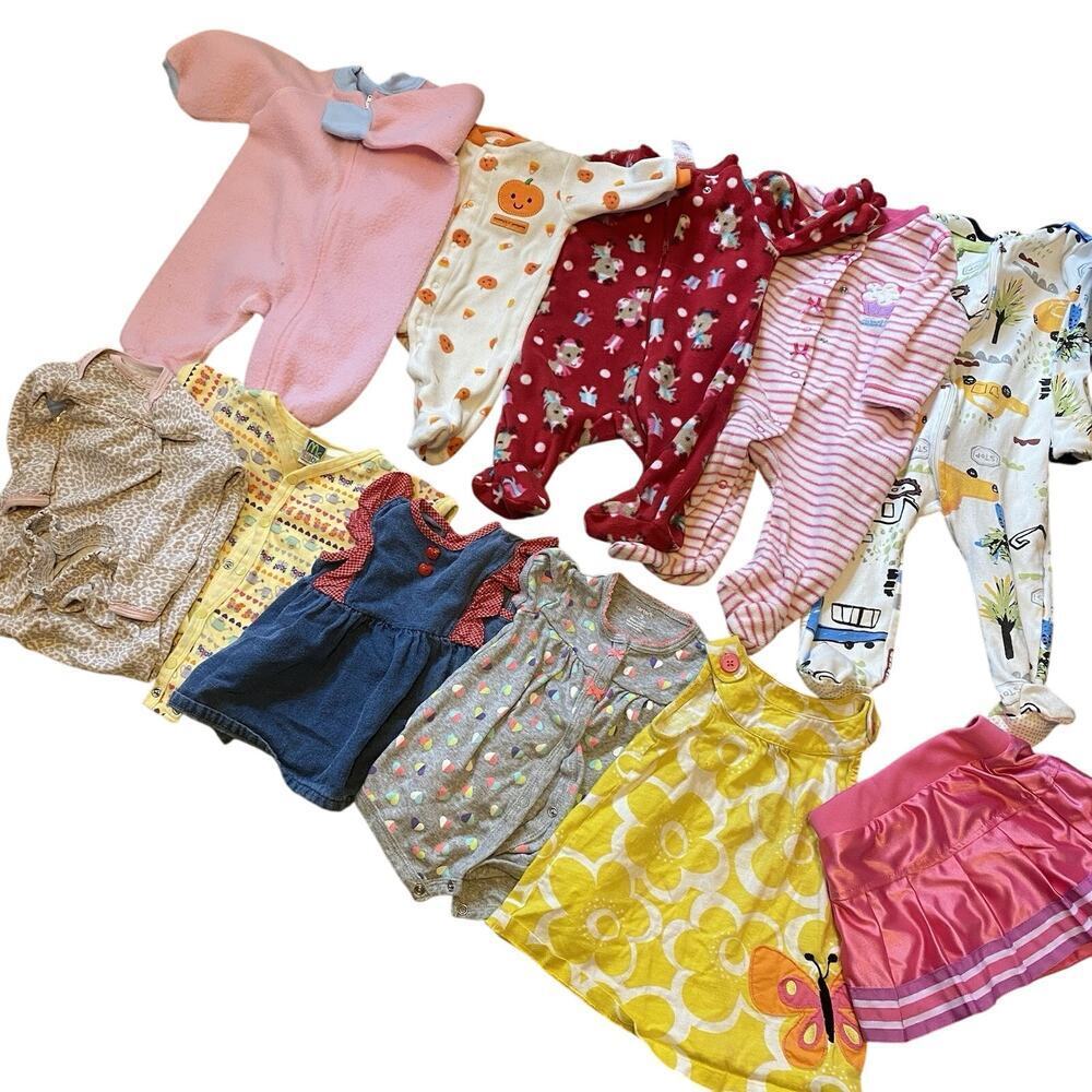 LotOf 11 Baby Girls 0-12 Months Clothes Mixed Brands OnePiece Pjs Top Skirt Cute